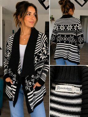 Revolution Nordic Fair Isle Open Cardigan Sweater | Black & White Cozy Knit | Si